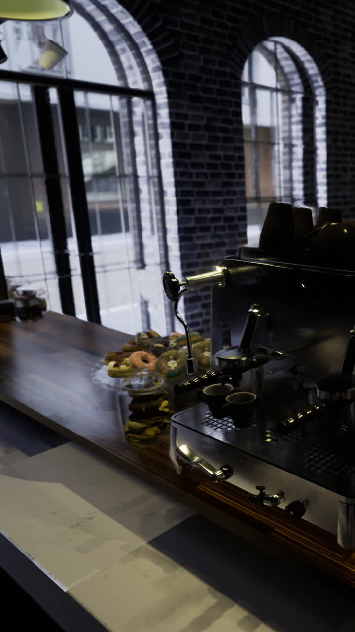 Caffetteria con bancone e pasticcini in esposizione di giorno.