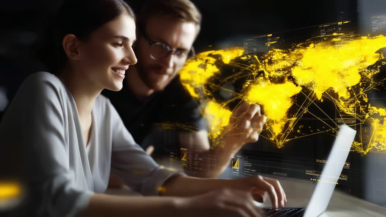 Collaboration in the Digital Age: Two Individuals Engaged in an Interactive Technology Session, Analyzing a Global Data Visualization Displayed on a Laptop Screen