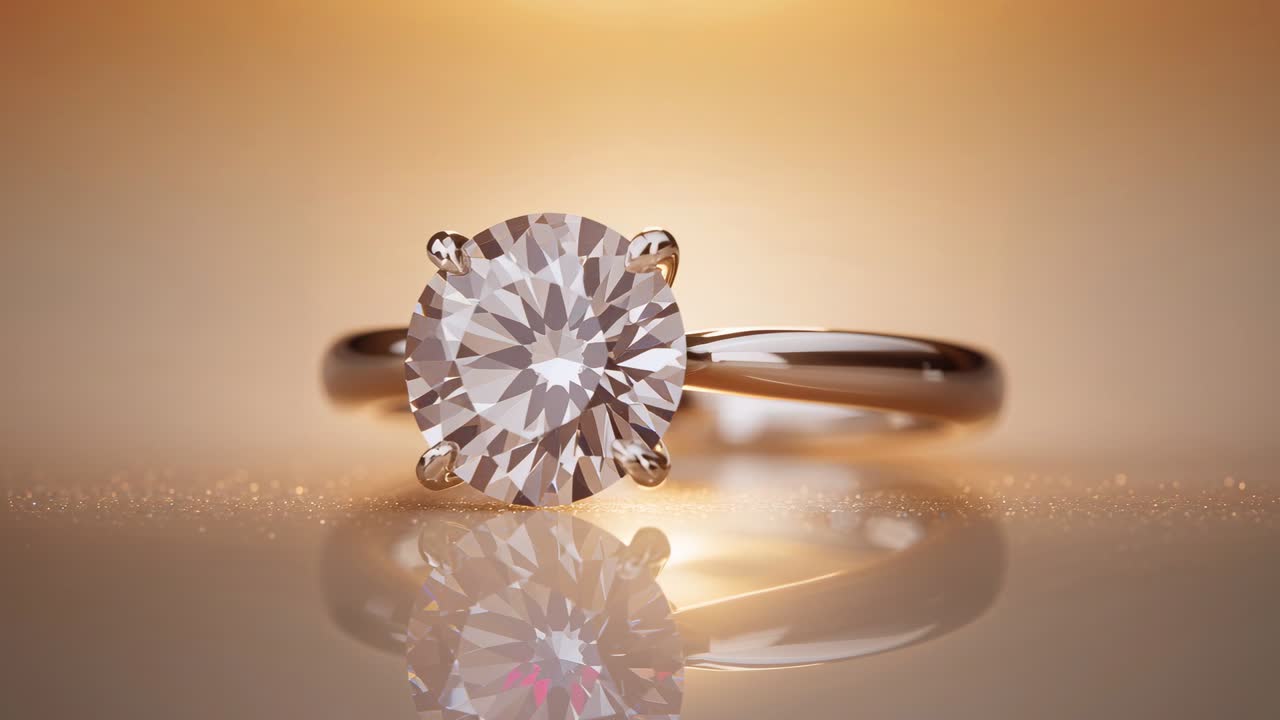 Scintillante anello solitario con diamante brillante che reagisce alla luce puntiforme che si sposta sulla superficie dello studio.