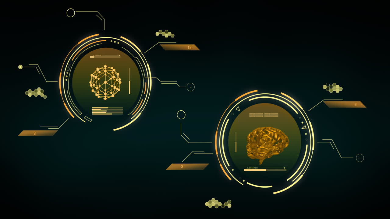 Animation of data processing with brain and shapes moving over black background