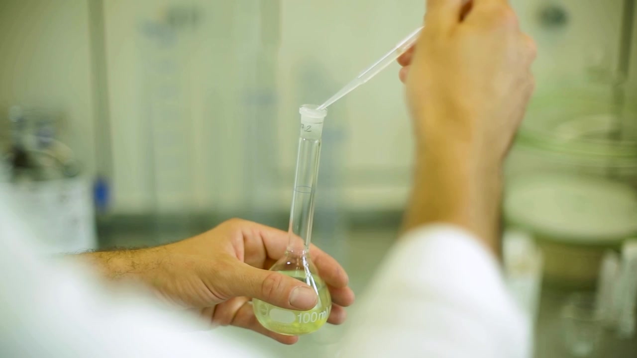 Gloved hands transfer liquid with pipette into lab flask in a scientific laboratory
