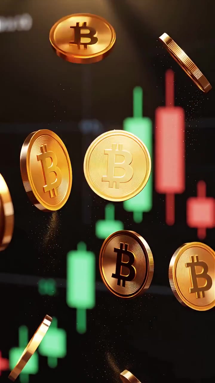 Monete Bitcoin dorate con sfondo sfocato di grafico a candele 4K.