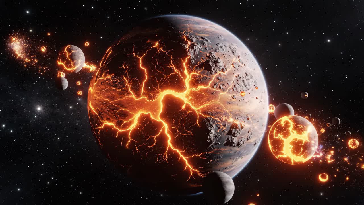 A Visually Stunning Depiction of a Molten Planet and Its Moons in Space