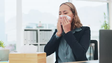 Office,-tissue-and-woman-blowing-her-nose