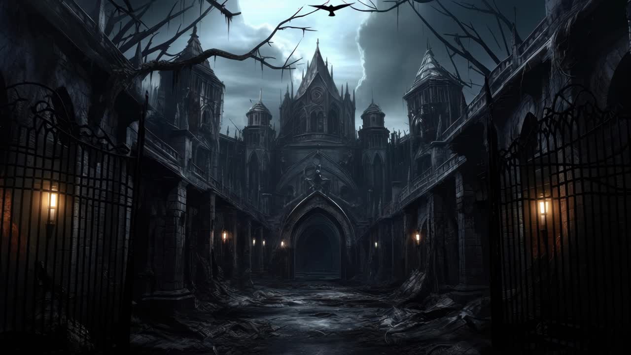 A haunting, gothic castle scene at night, captured from a low angle