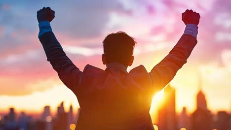 successful businessman celebrating on city rooftop at sunset