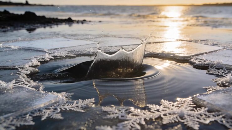 Falling droplet from dark ice shard creating crown splash in coastal pool, sun warming