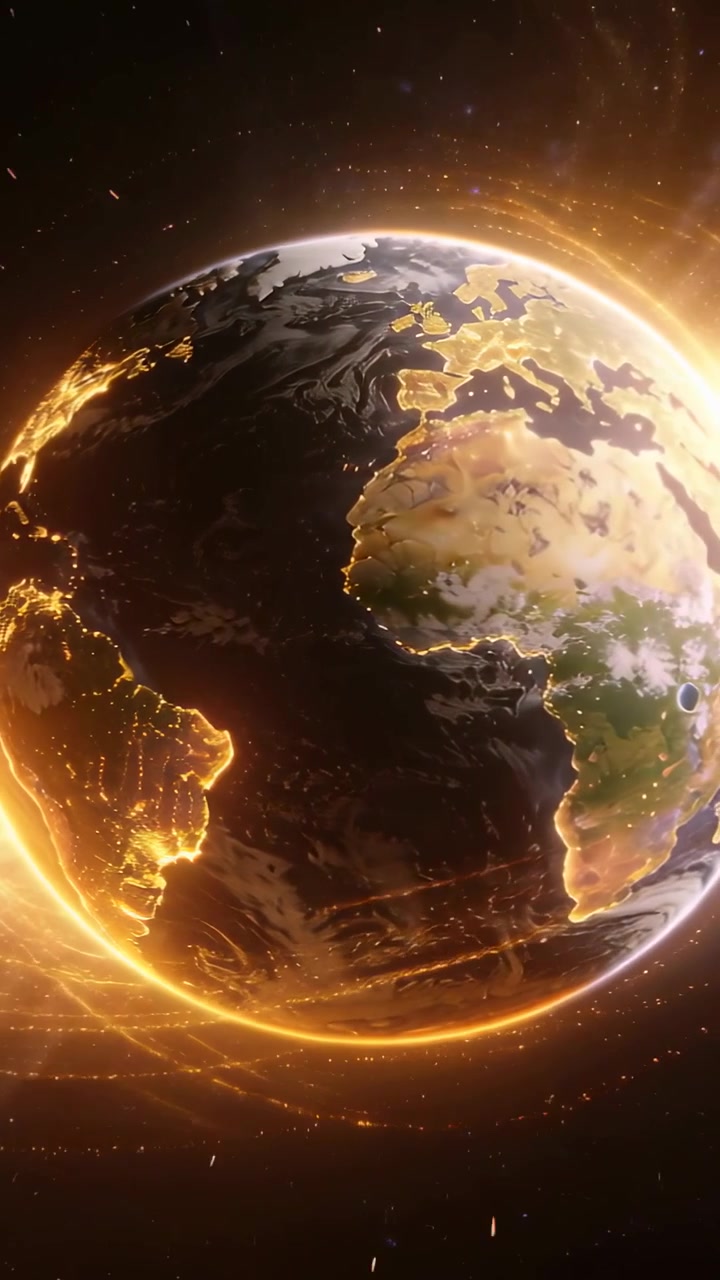 Video verticale: La Terra che ruota nello spazio reagisce a un'eruzione solare, rivelando continenti e luci delle città.