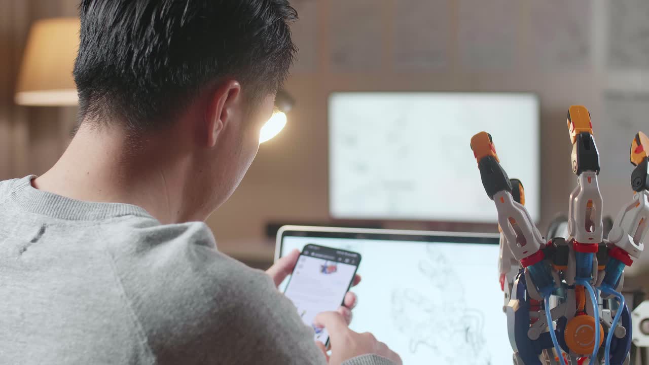 스마트폰과 로 팔을 사용하여 로 공학을 공부하는 학생