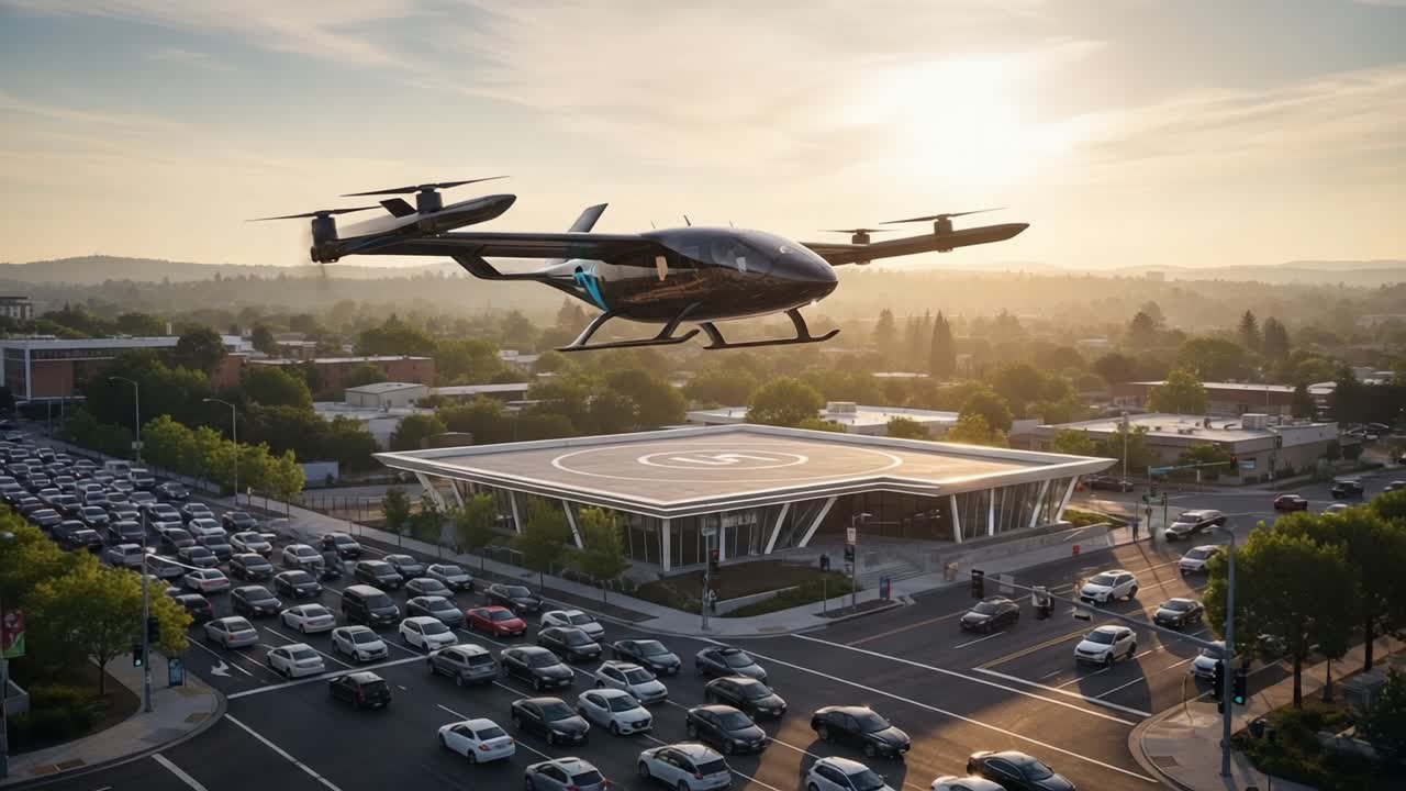 Innovative Urban Mobility: A Futuristic Air Taxi Soars Above a Busy Intersection at Sunset, Providing a Glimpse into the Future of Transportation and City Design
