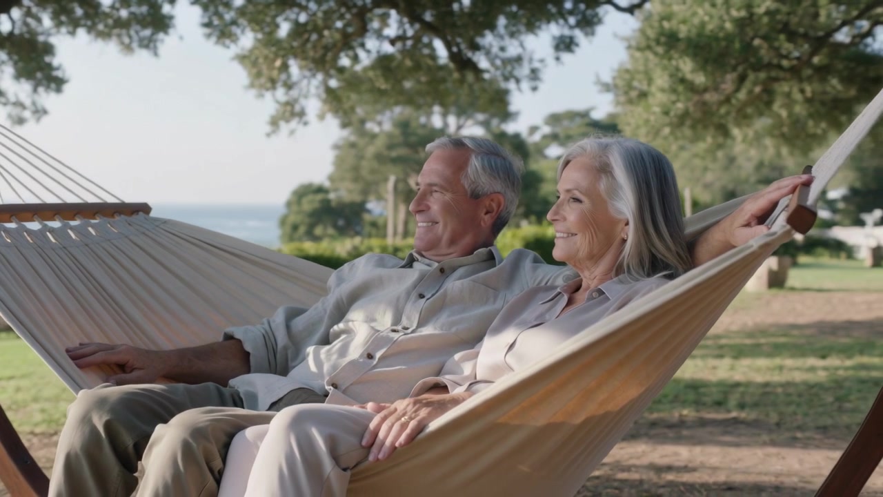 Reclining senior couple in light shirts moving in hammock by breeze, holding spreader, watching sea