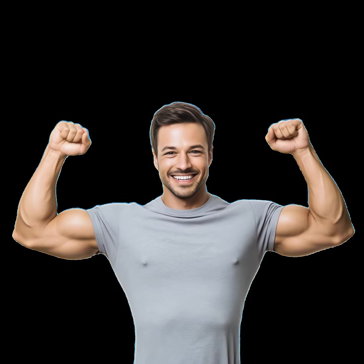 Confident Man in Grey T-shirt Flexing Biceps and Smiling