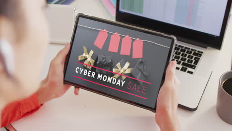 caucasian woman using tablet, online shopping on cyber monday sale day, slow motion