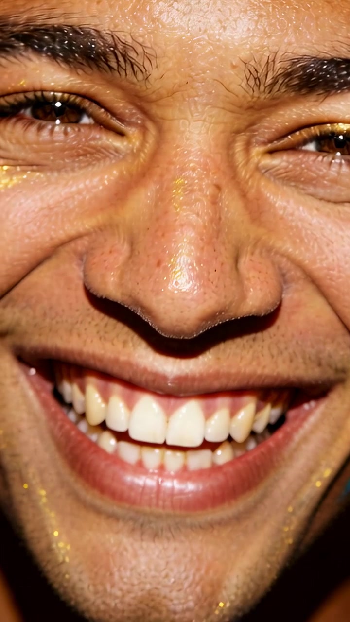 Vertical video: Smiling male face widening in closeup as warm light showing teeth and gold glitter
