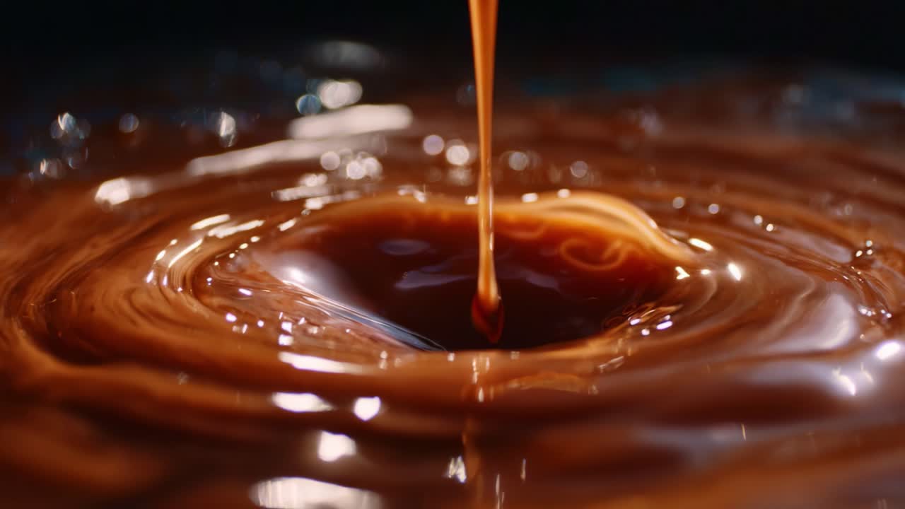 A Close-Up Exploration of Rich Chocolate Liquid Flowing into a Pool, Creating Beautiful Ripples and Inner Reflections in Smooth, Glossy Surface
