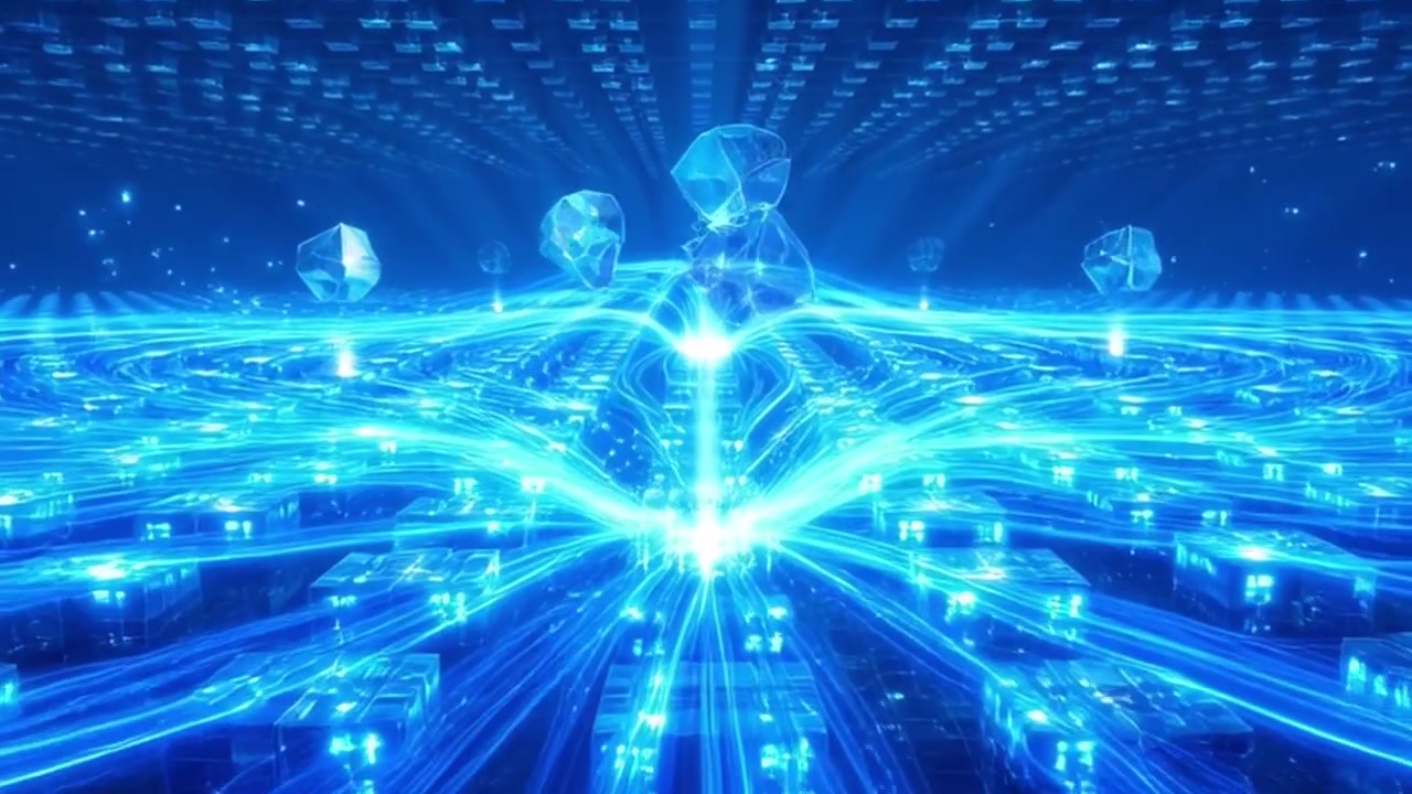 Abstract Digital Network with Glowing Blue Data Cubes and Floating Geometric Shapes