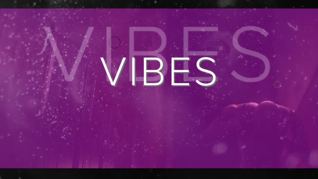 Animation of vibes texts and circles over winter fall against zombie covering ears with hands