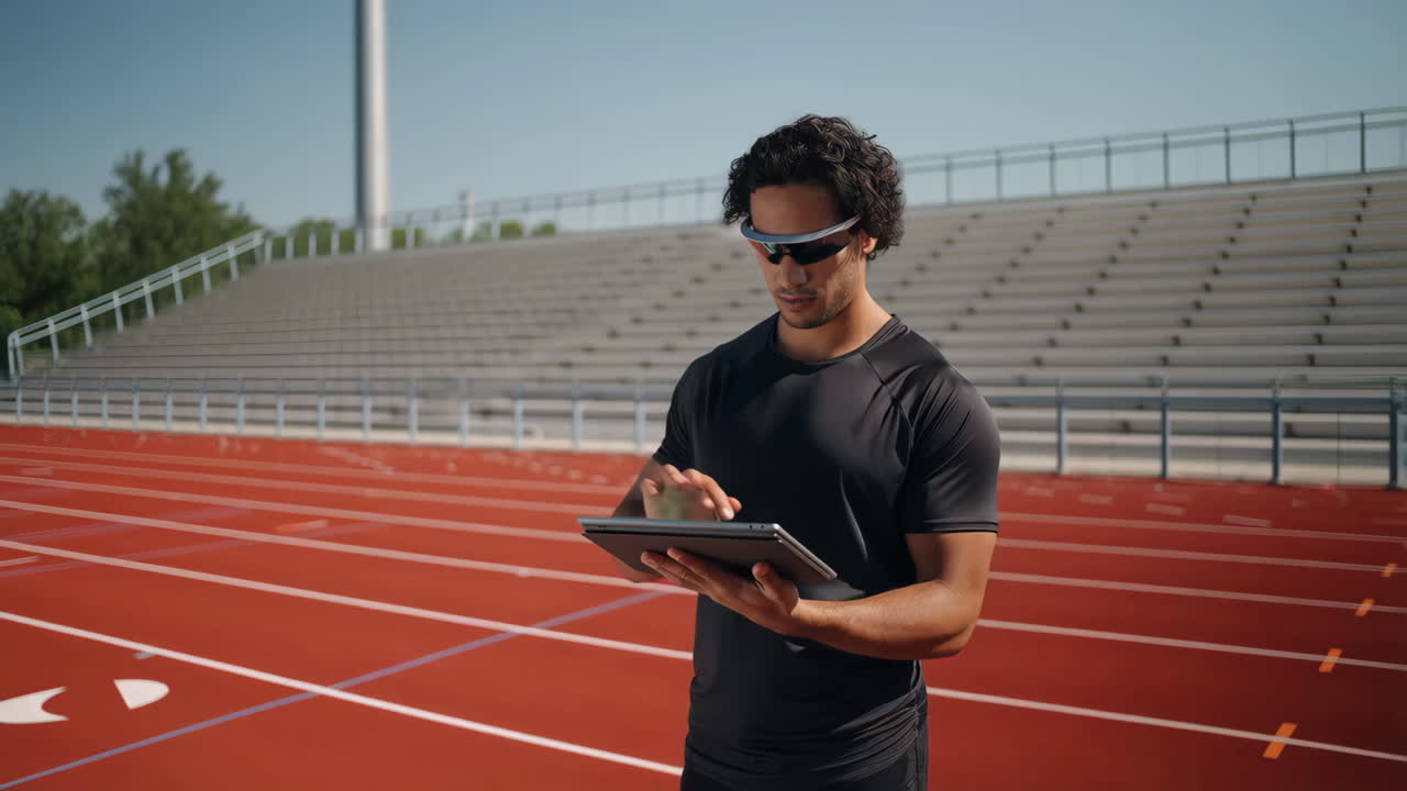 Man with Smart Glasses and Tablet on a Running Track