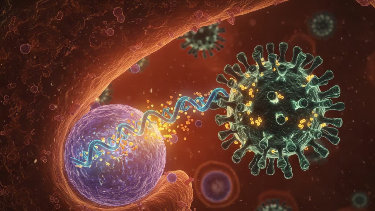 Visual Representation of Viral Interaction: A Microscopic View of Virus Mechanisms and Cellular Response in the Human Body, Highlighting RNA Transfer and Immune Challenges