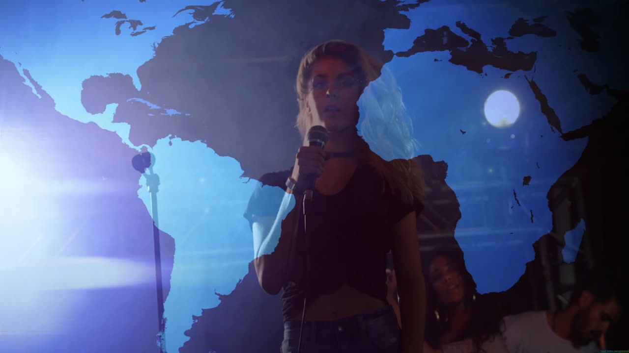 Singer holding microphone performing on music stage, with animated soundwave icons