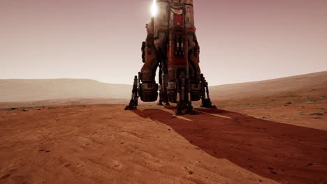 martian base with a landing module on the surface at sunset