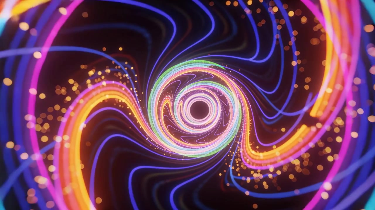 Starting animation, neon spiral rotating in dark void with glowing rings, ribbon bands, golden orbs