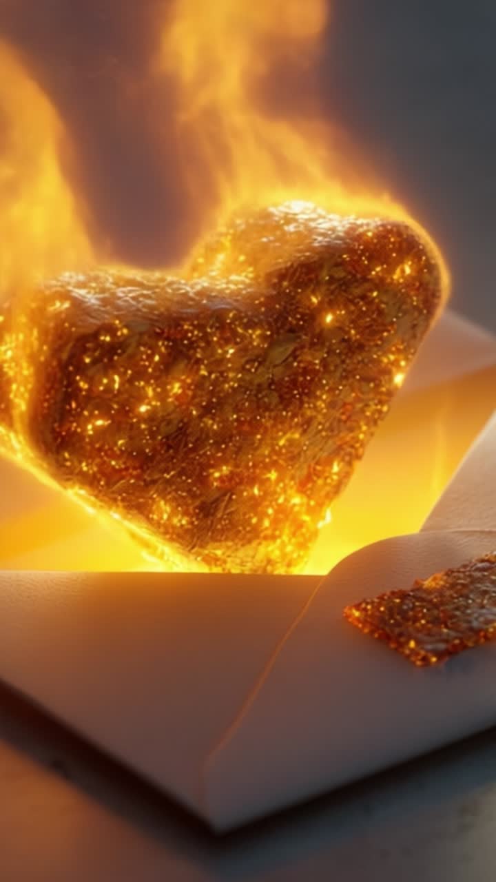 A Heart-Shaped Delight Glowing in Flames, Emerging from an Envelope, Radiating Sparkles and Warmth, Creating an Enchanting Visual of Sweet Romance and Imagination