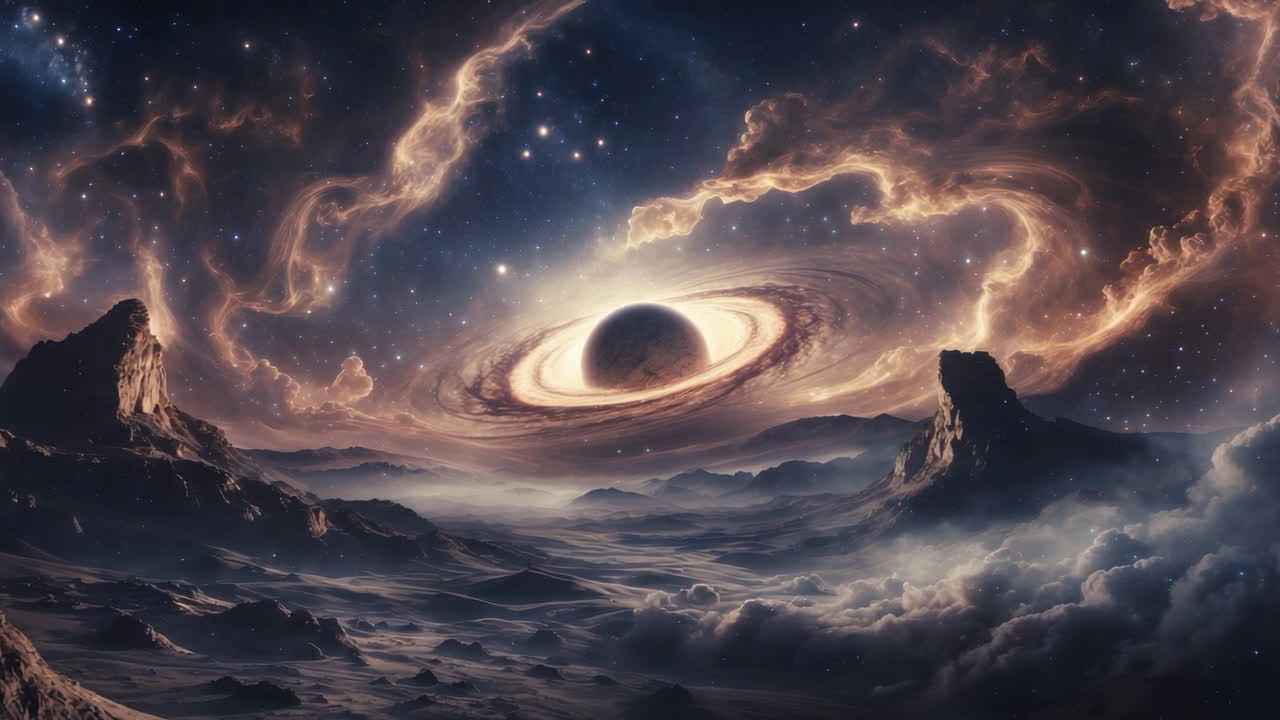 Majestic Cosmic Landscape with Ringed Celestial Body and Nebulae