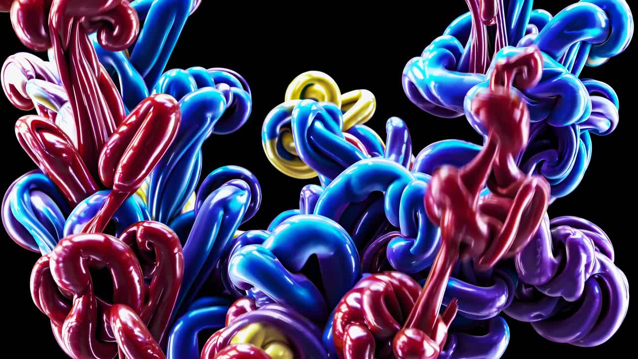 Abstract video art with vibrant, twisting shapes in blue, purple, and yellow