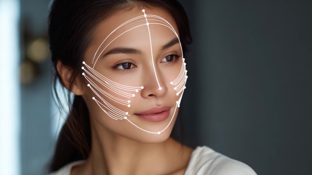 美しさの向上と肌の若返りのためのガイドラインとドットを用いた革新的なスキンケア技術を示す美容フェイシャルトリートメント。