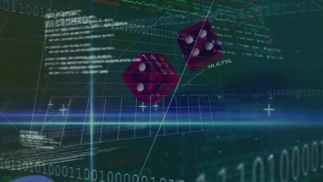 Røde terninger svæver over digitale finansielle data og aktiemarkedsdiagrammer