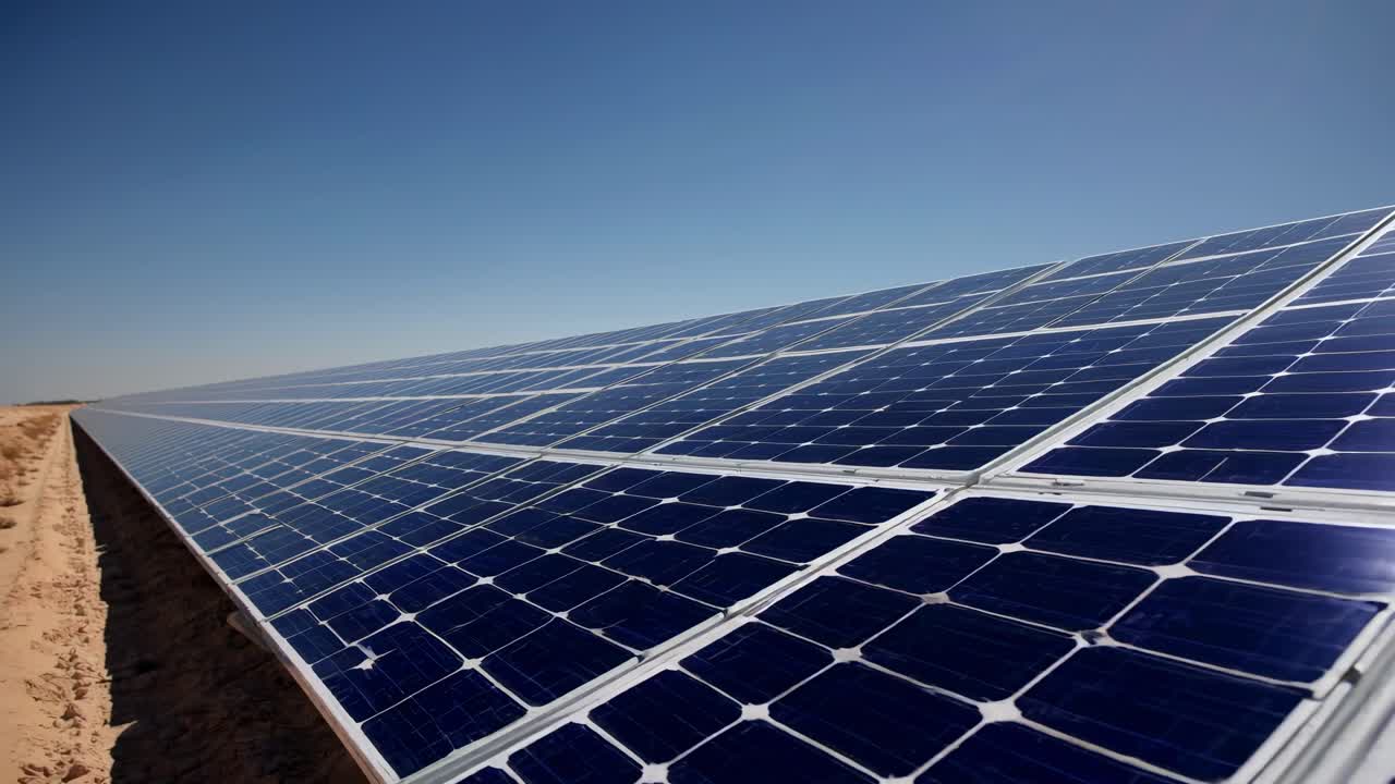 Video inquadrato dal basso di pannelli solari sotto un sole splendente, che mette in risalto l'energia rinnovabile