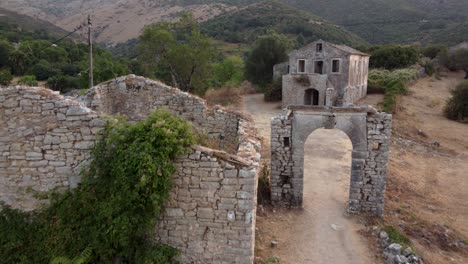 Aerial-over-Old-Perithia-Village-in-Corfu,-Greece