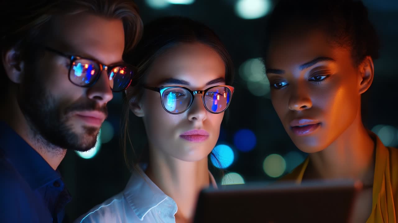 Group of Three Individuals Analyzing a Digital Screen with Focused Expressions Amidst a Nighttime Urban Background, Highlighting Curiosity and Collaboration in a Technological Environment