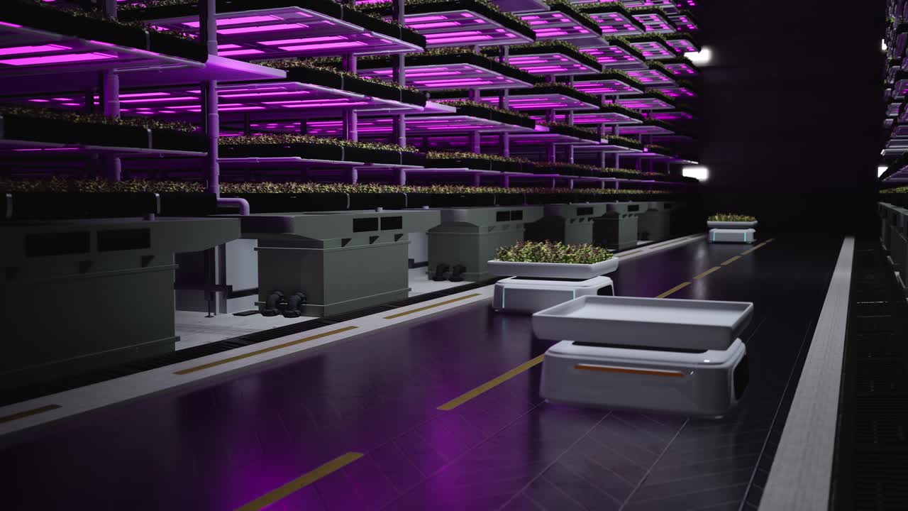 Autonomous Robots Transporting Green Leafy Organic Vegetables At Vertical Farm. Automated Warehouse With Hydroponics System