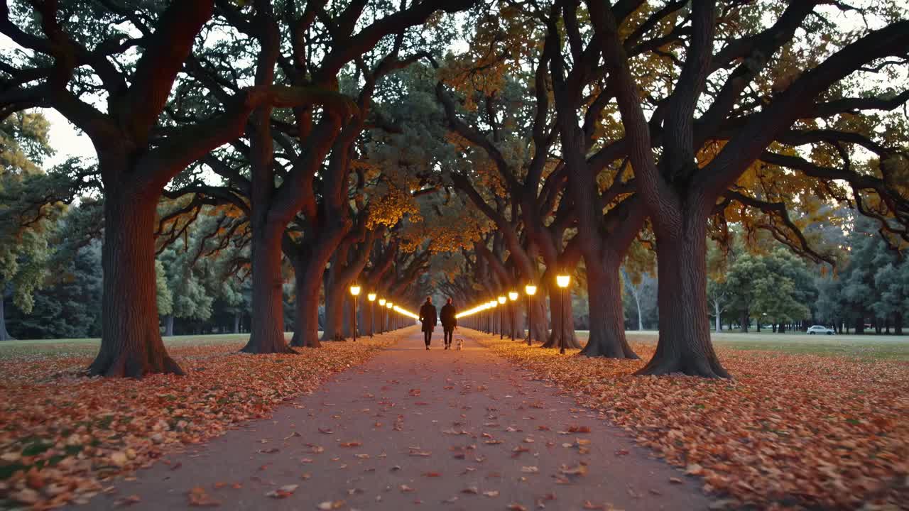 A serene video scene of a couple walking down a tree-lined path in autumn