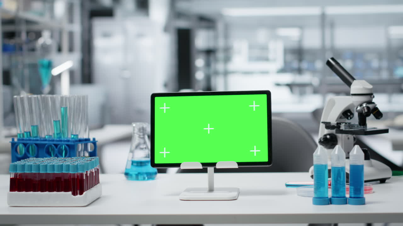 Close up of green screen tablet on workbench in empty hospital laboratory