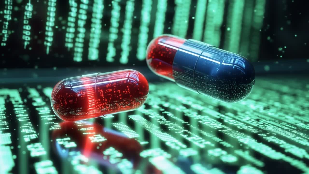 Capsule code visualization. Red and blue capsules float above a green digital matrix, symbolizing technology in healthcare and pharmaceuticals.