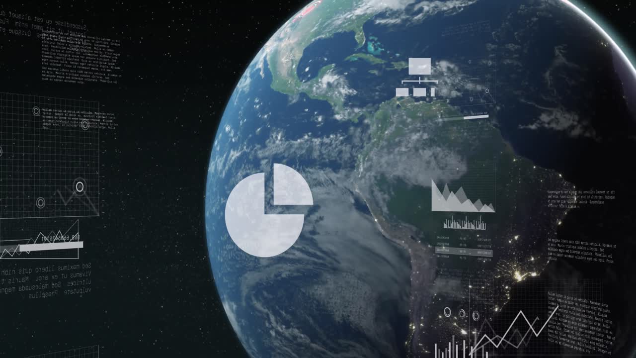 우주에서 회전하는 지구에 대한 통계 데이터 처리의 애니메이션