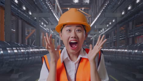 close up of asian female engineer with safety helmet smiling to camera and saying wow while standing with metal pipes