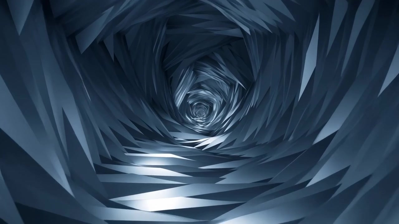 Layered metallic forms sweep around a narrowing central corridor, with sharp folded surfaces, cool blue-gray tones, bright reflections, and continuous inward spiral movement.