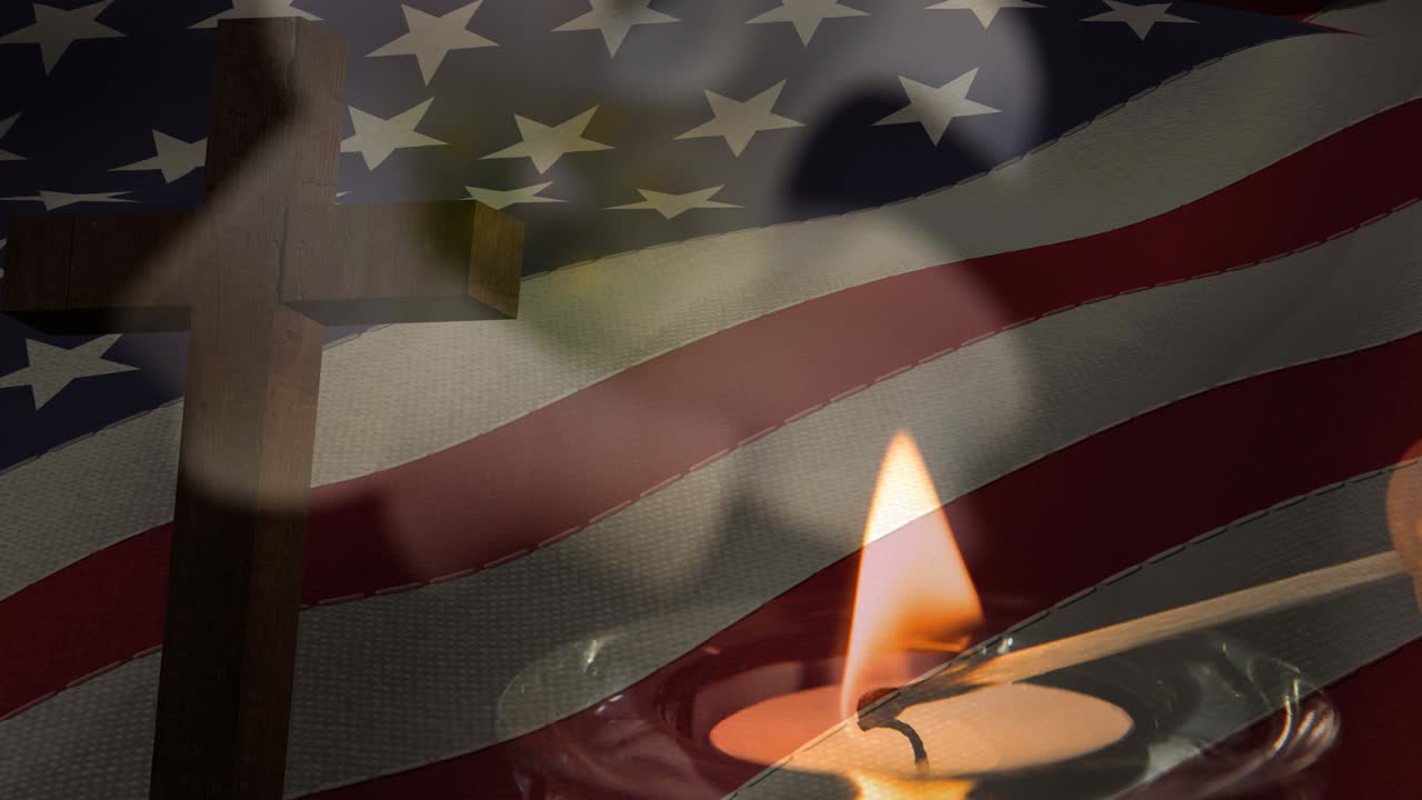 animación del crucifijo y la vela moviéndose sobre la bandera estadounidense