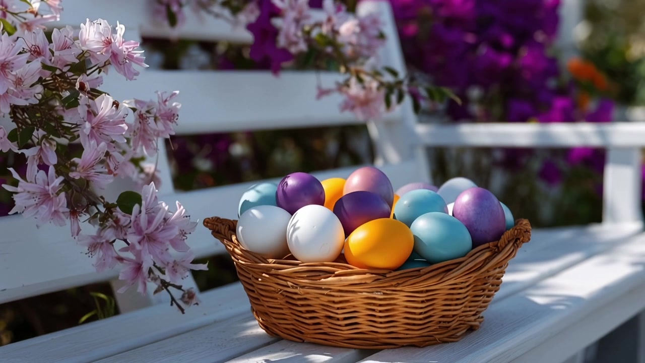 Colorful Easter Eggs in a Wicker Basket on a White Bench with Spring Flowers