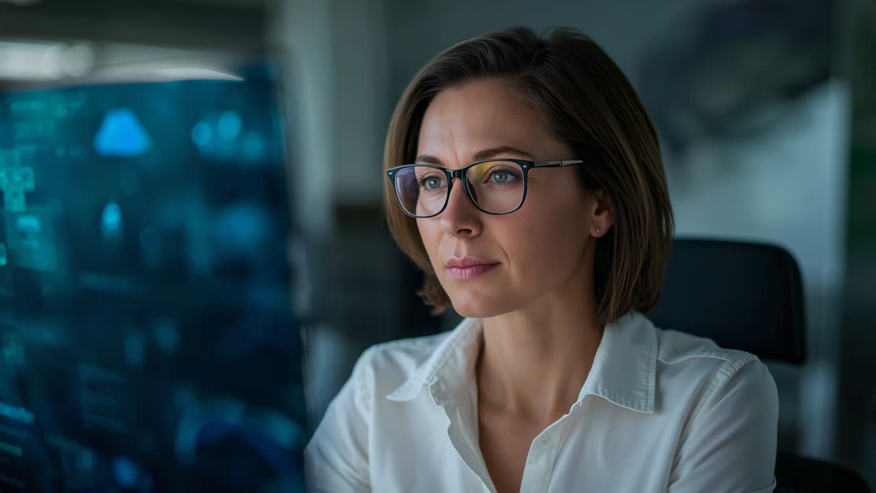 Blinking woman wearing white shirt and glasses refocusing gaze at desk while reviewing blue display