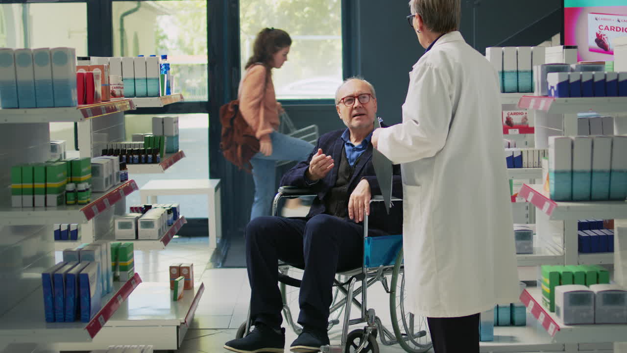 Senior man in wheelchair consulting with pharmacist