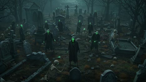 an eerie encounter in a haunted graveyard: sinister figures emerge under the ghostly moonlight surrounded by skulls and tombstones in a creepy atmosphere