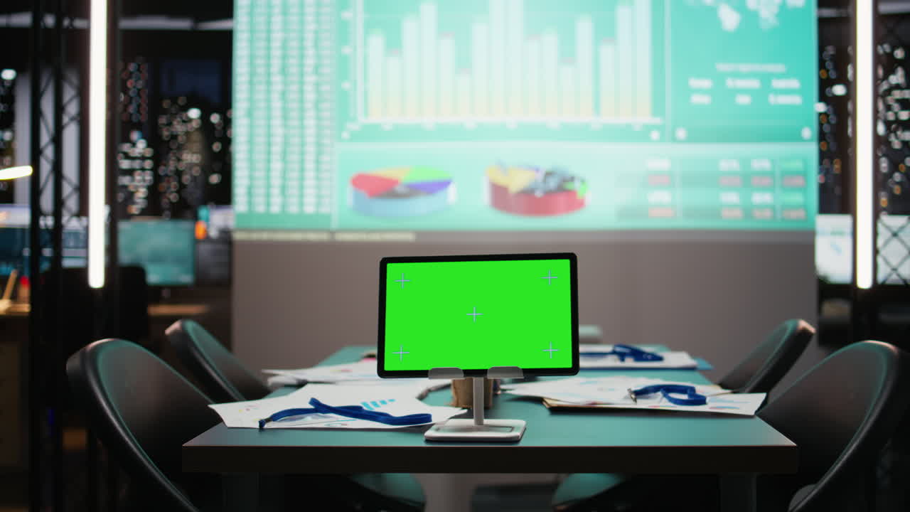 Tavolo da sala riunioni con un tablet che mostra un mockup isolato sotto le luci notturne