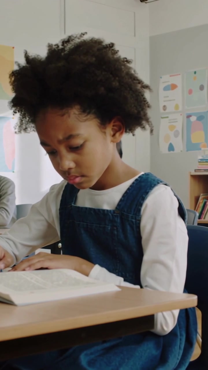 Vertical video: Camera moving right revealing student in denim reading textbook at desk, studying