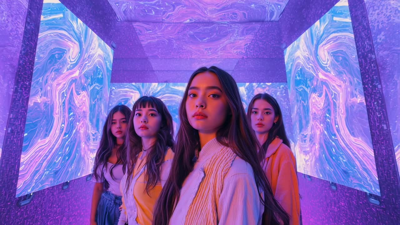 Entering room, four women posing for art display in mirrored space, with swirling projection panels