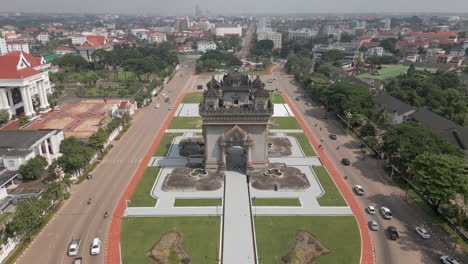 grand view of patuxai monument tracking back down ave lane xang in vientiane laos